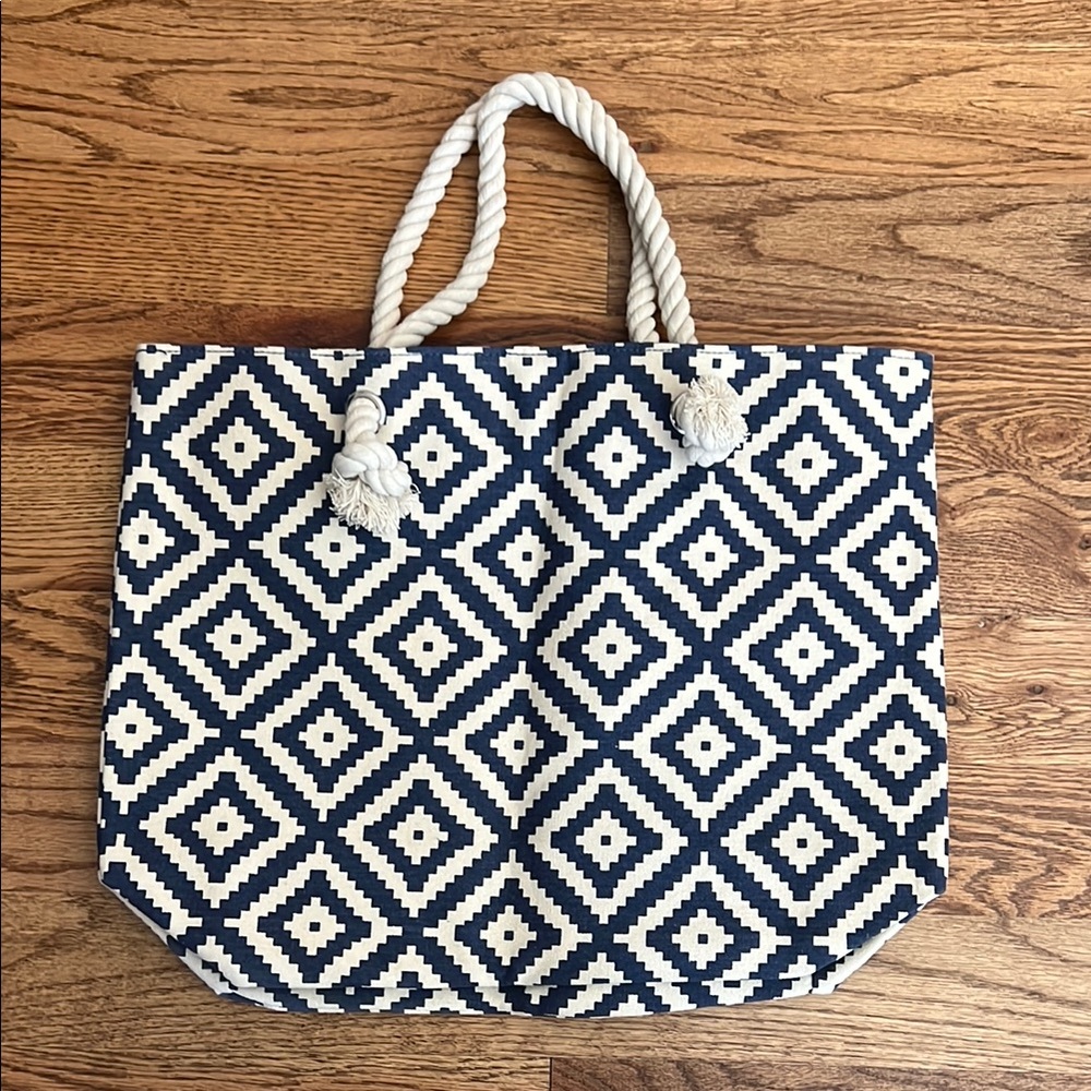 Summer & Rose Blue and White Geometric Tote Bag with Rope Handles